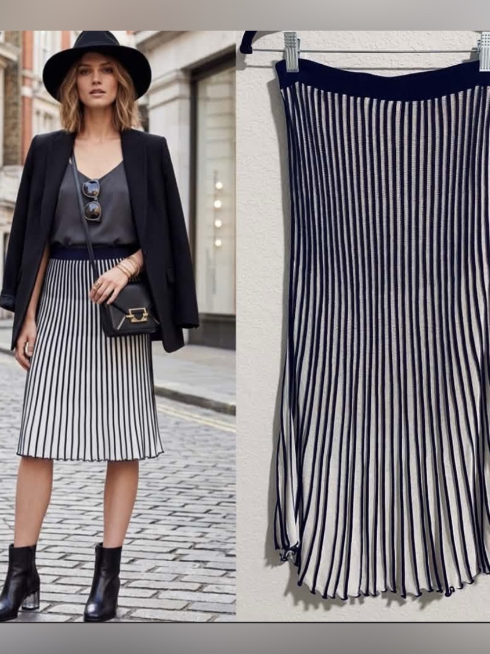 NEW BCBG MAXAZRIA Pleated Knit Skirt Navy Blue & White Striped